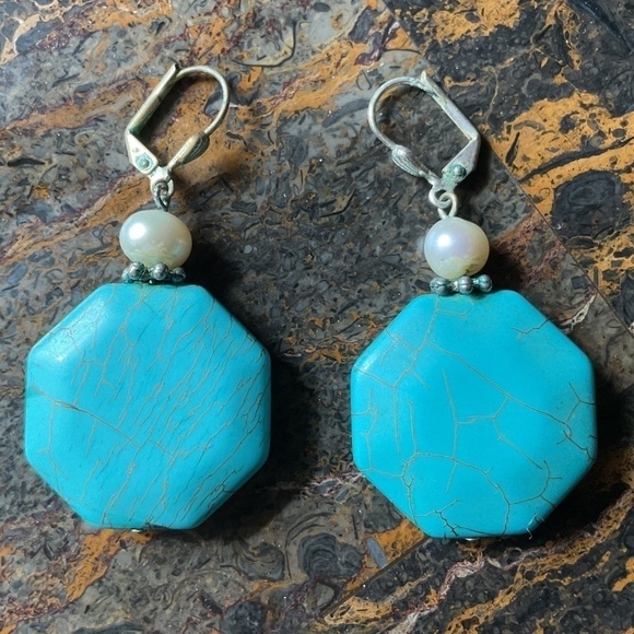 Blue Turquoise Pearl Octagon hand made earrings - Picture 1 of 5